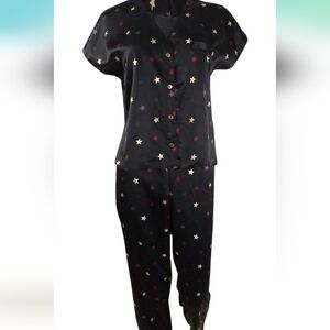 New INC 2pcs SET Button Down silky satin pajama set . Black star print . Small